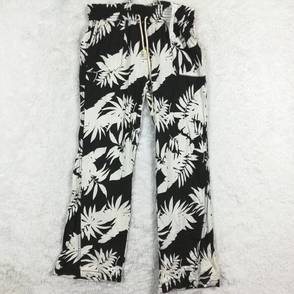 Cali 1850 Womens Pants Wide Leg Linen Blend Tropical Black White Beachwear L New - Picture 1 of 11